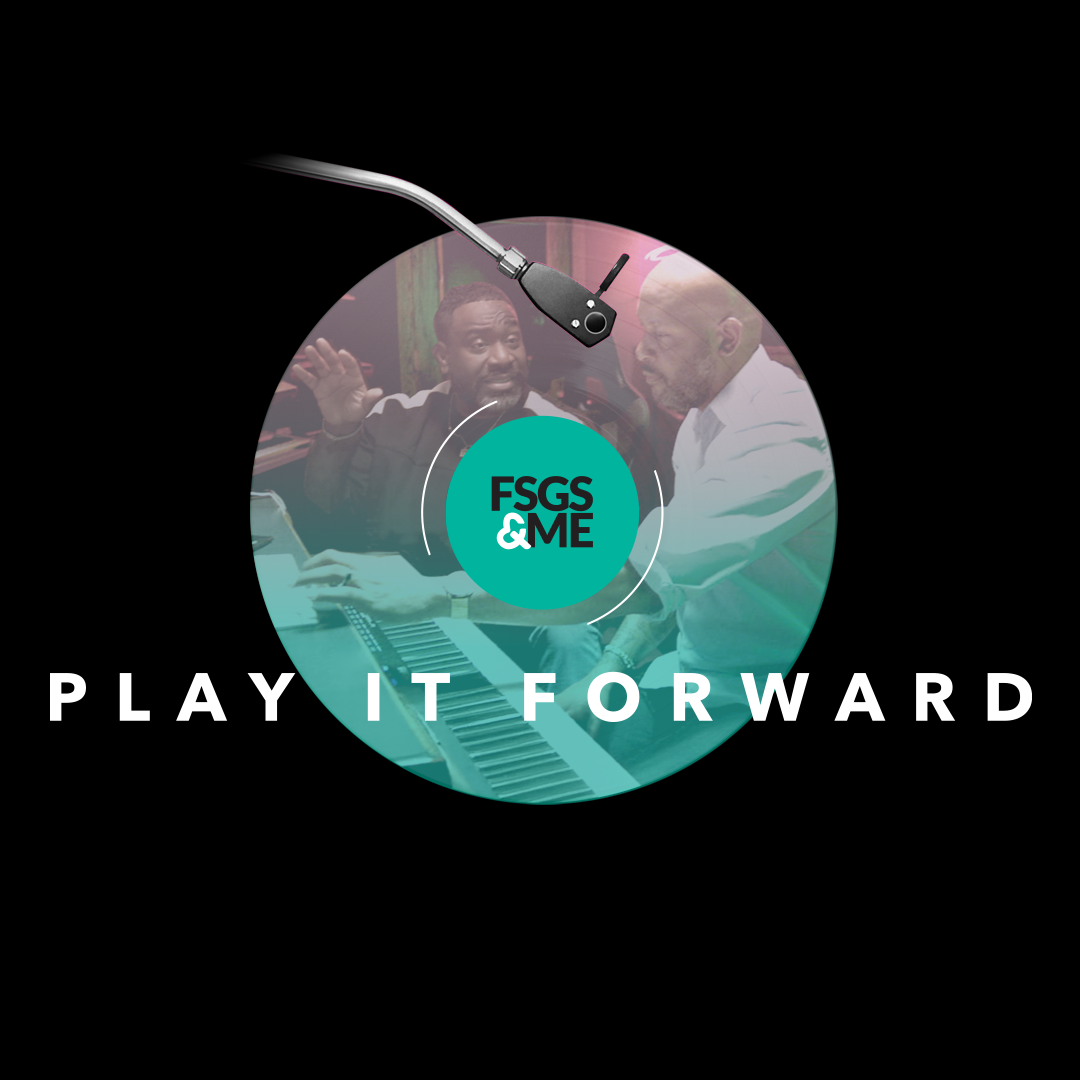Black background with circular disco image of two men producing music, FSGS&ME logo center, "PLAY IT FORWARD" text.